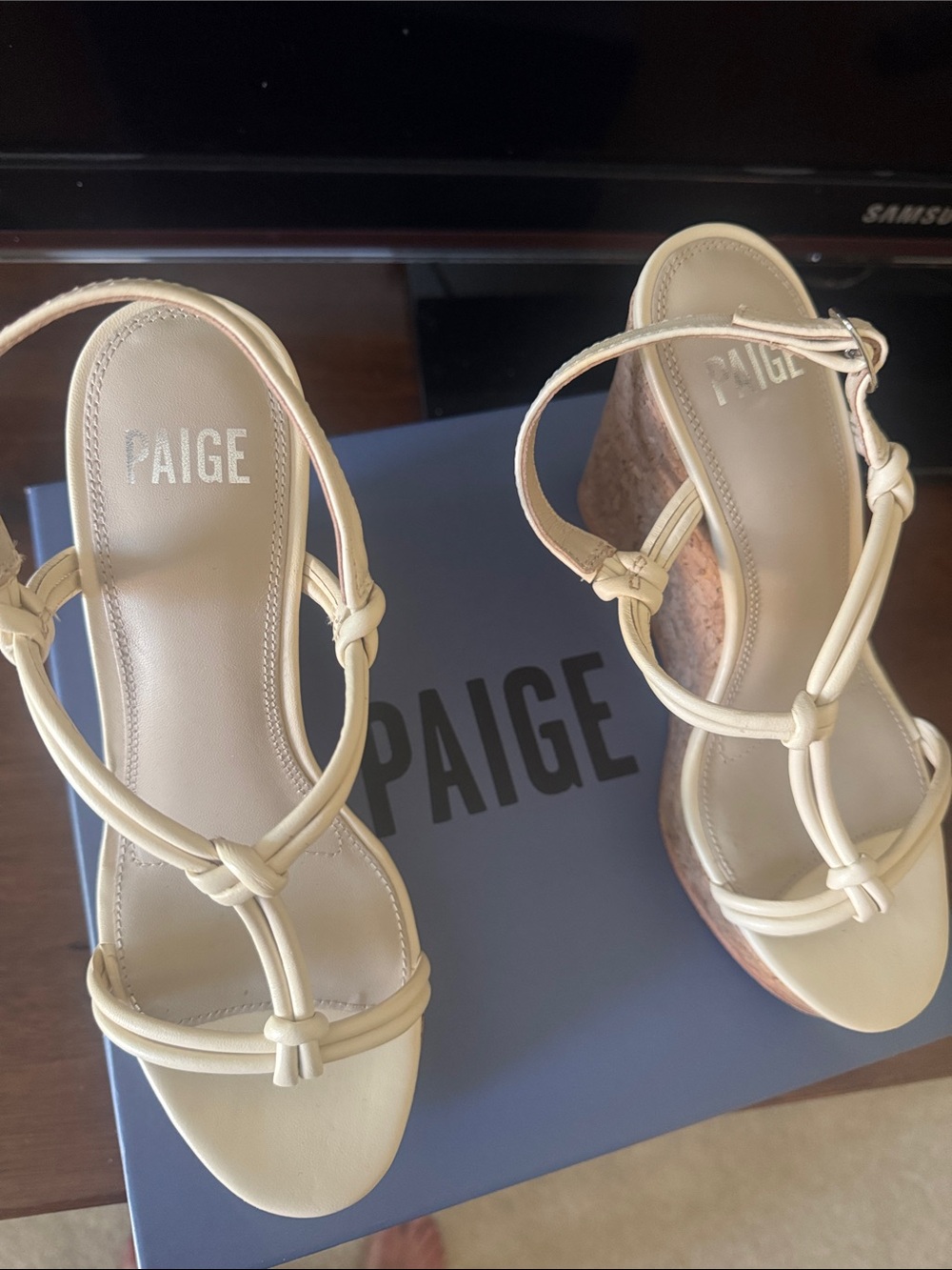 PAIGE Cream Knot-Strap Cork Wedge Sandals